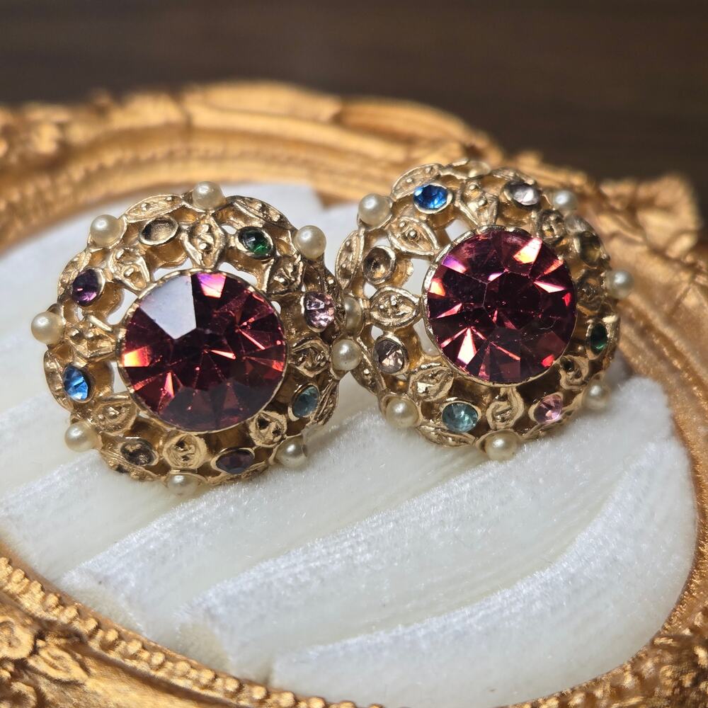 Vintage Gold Tone Multi Color Rhinestone Filigree Screw Back Earrings Ornate